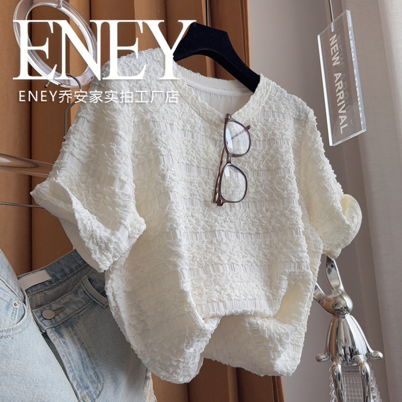 小众肌理感法式T恤ENEY立体微宽松小衫气质优雅香凤显瘦短袖圆领,女装/女士精品,T恤,淘宝优惠券,粉丝福利购,淘宝优惠卷