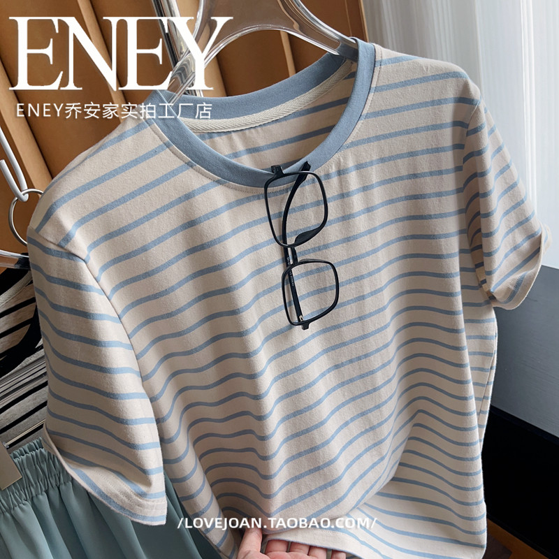 复古旧色~宽松新款上衣条纹百搭韩版短袖T恤夏季正肩休闲短袖t恤,女装/女士精品,T恤,淘宝优惠券,粉丝福利购,淘宝优惠卷