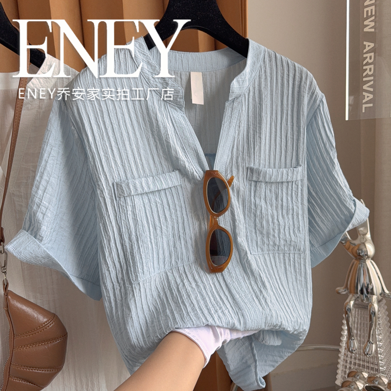 微胖显瘦款褶皱肌理感短袖衬衫