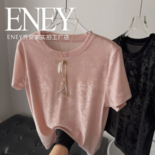 ENEY轻奢垂感纸片人宽松T恤！夏季薄款微透金丝绒短袖女显瘦上衣