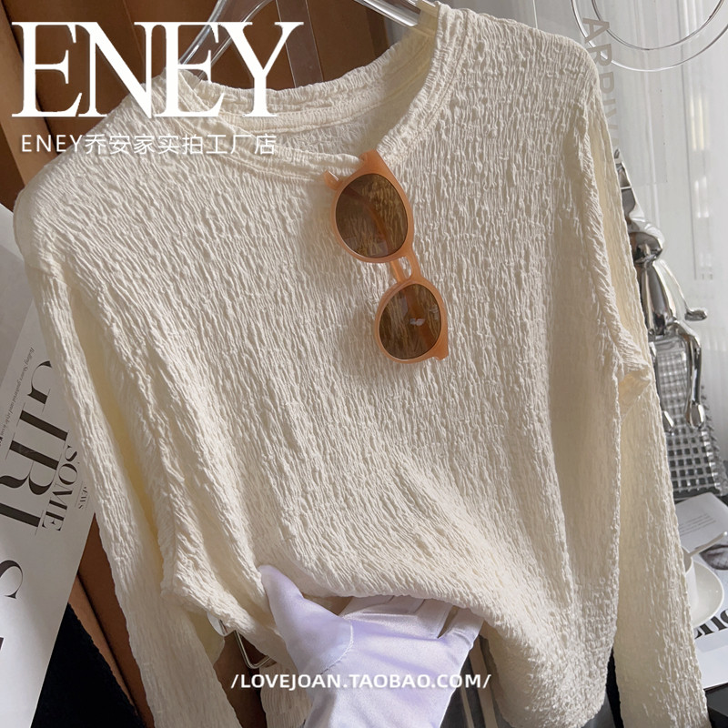 小众泡泡棉垂感长袖t恤春秋弹力奶白色气质宽松打底衫上衣内搭女,女装/女士精品,T恤,淘宝优惠券,粉丝福利购,淘宝优惠卷