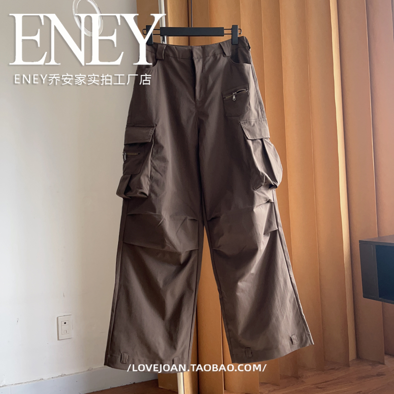 棉洋美式复古口袋阔腿宽松工装裤