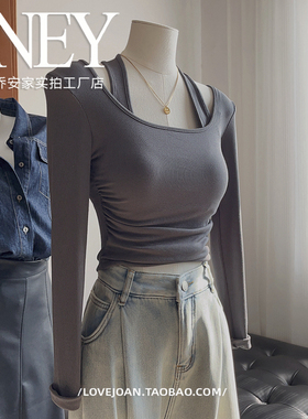 气质！设计感挂脖假两件收腰螺纹打底衫弹力舒适长袖t恤上衣女春