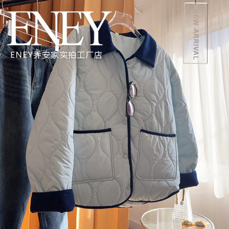 ENEY冬季上新大码女装撞色边衬衣棉服时尚休闲百搭