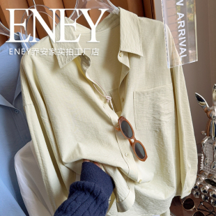 休闲防晒上衣 冰感衬衣宽松慵懒外穿长袖 春夏清爽黄绿色衬衫 新款