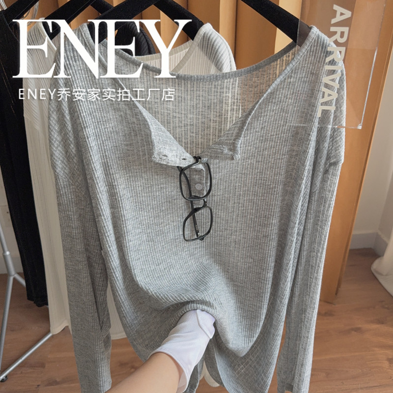 ENEY夏末早秋罩衫~竖条肌理感宽松大码上衣简约T恤遮肉显瘦防晒衣