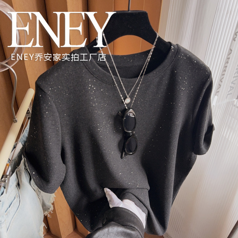 ENEY春夏设计感灰黑色细闪短袖T图片