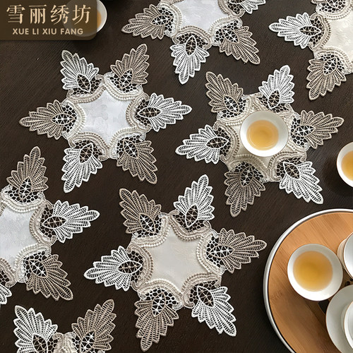 圆桌布盖巾米白色蕾丝杯垫盖巾