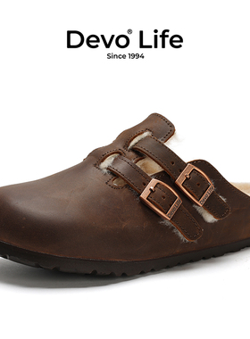 Devo/的沃加绒软木拖鞋女包头半包保暖冬季复古日系半拖外穿22003