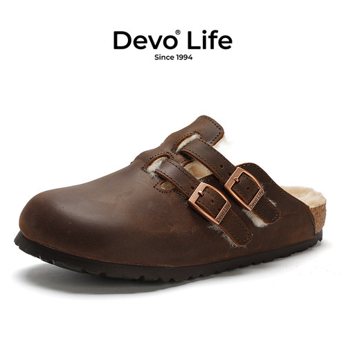Devo/的沃加绒软木拖鞋女包头半包保暖冬季复古日系半拖外穿22003