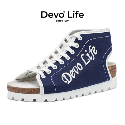 Devo/的沃软木鞋女帆布防滑时尚休闲平底夏季厚底系带凉鞋24075W