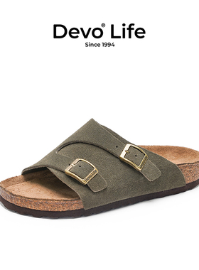 Devo/的沃软木拖鞋休闲情侣平底套脚外穿一字凉拖套脚女鞋2683