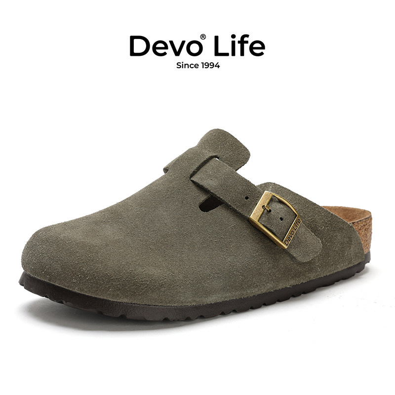 Devo/的沃软木包头外穿休闲半包复古情侣半拖懒人套脚勃肯鞋3624