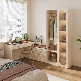 法式 复古奶油风衣柜梳妆台斗柜一体组合可伸缩抽屉柜实木定制柜子