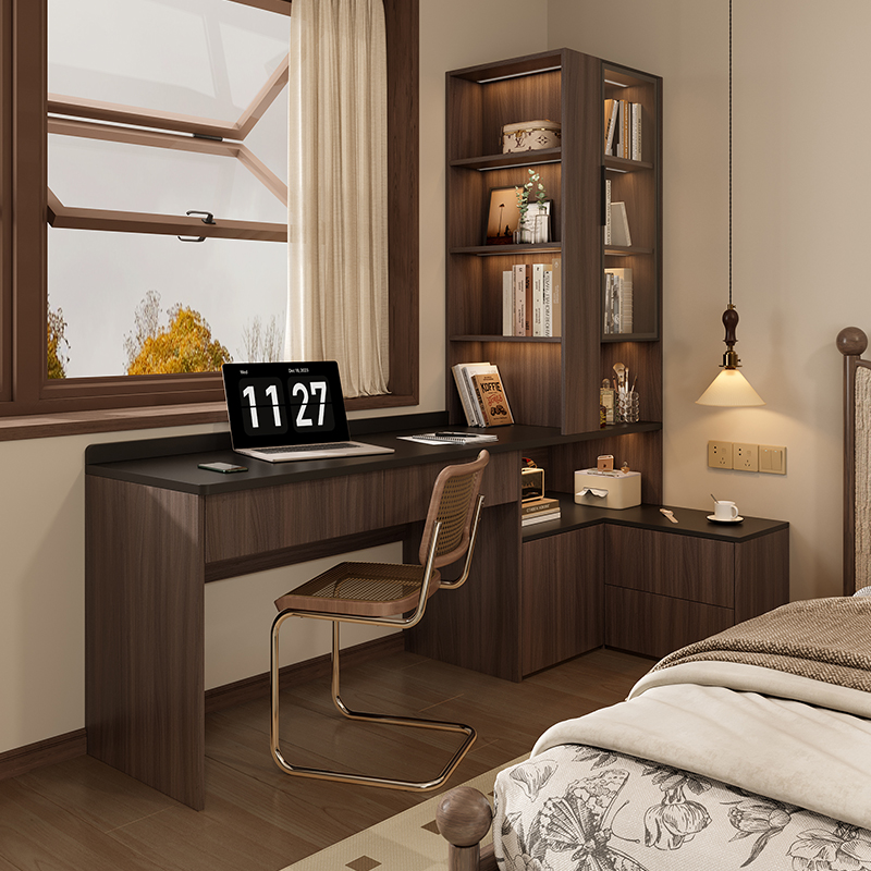 暧逸实木书桌书柜一体转角桌