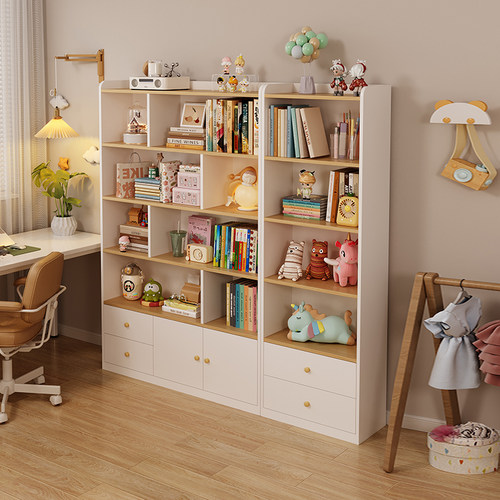 原木风儿童组合矮书架书柜一体整墙书房卧室玻璃展示柜子实木定制