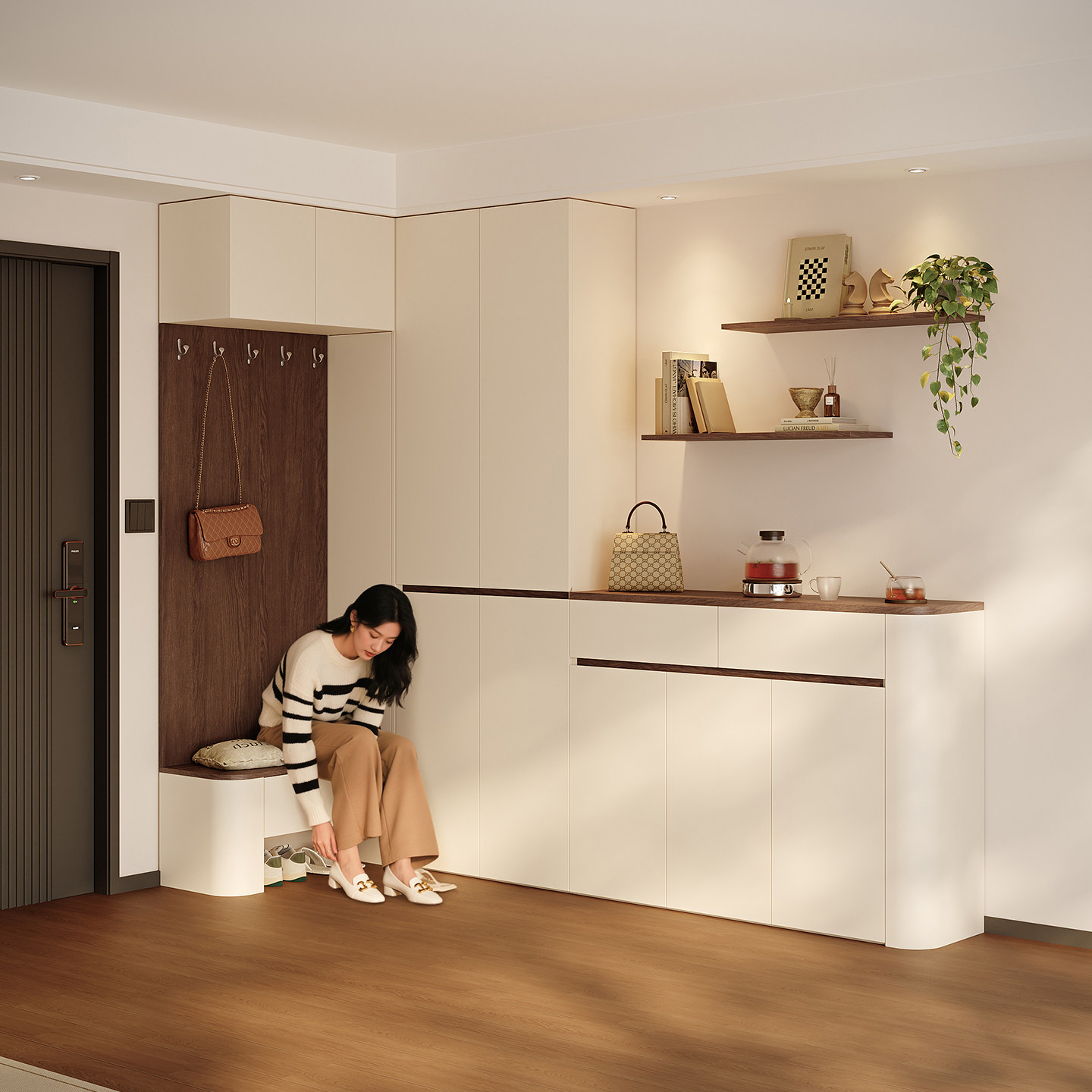 入户门厅转角柜中古奶油风靠墙鞋柜一体换鞋凳圆弧大容量玄关柜子,住宅家具,鞋柜,淘宝优惠券,粉丝福利购,淘宝优惠卷