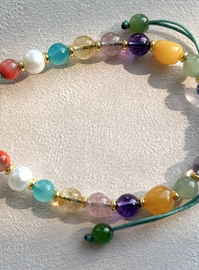 天然和田玉花牌 手工编结多宝手链女款单圈手串时尚百搭