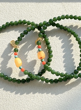 天然和田玉碧玉手链女款碧玉925银配件多宝手串饰品礼物