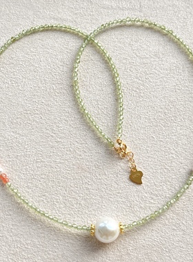 天然橄榄石搭配珍珠项链女款锁骨链简约百搭饰品礼物