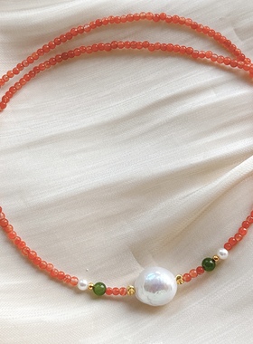 天然南红玛瑙珍珠巴洛克项链女款锁骨链简约百搭颈链