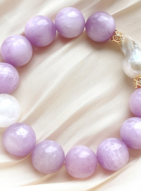 天然紫锂辉多宝 手链 薰衣草紫色 搭配珍珠多宝手串