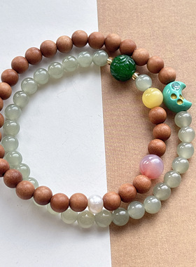 天然老山檀香和田玉两圈手链女款和田玉晴水多圈手串