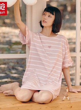 三枪新疆棉弹力女睡裙短袖夏季外穿薄款纯棉家居服全棉睡衣 70431