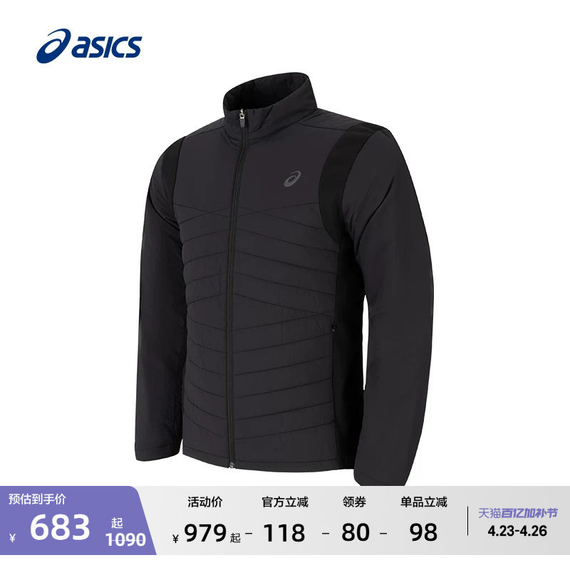 ASICS亚瑟士新款男子防泼水跑步夹棉外套保暖反光印花夹克外套