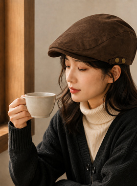 日系复古前进帽女秋冬麂皮绒短檐鸭舌帽显脸小百搭报童贝雷帽