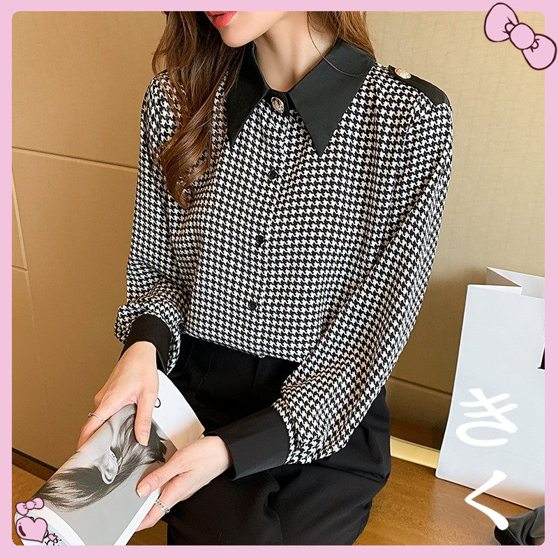 京东商城新款女装2022年春季衬衫女长袖职业职场方领女士格子衬衣