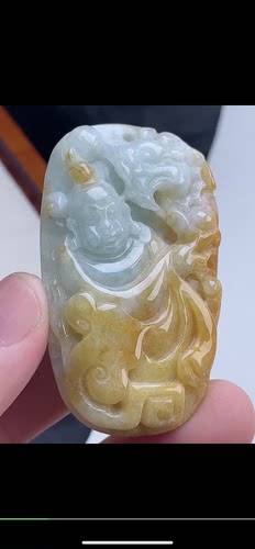 59-34.4-8.9mm,水润 黄翡巧雕招财童子吊坠，天然翡翠A货aaa681一