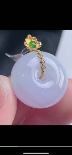 紫罗兰面包扣厚装平安扣吊坠18k金镶嵌天然翡翠A货hihg610.9-12