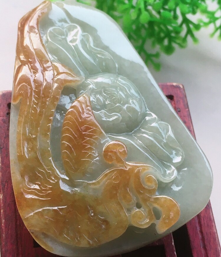 四会翡翠 水润双彩料黄翡手工巧雕老坑种a货翡翠 凤凰吊坠带证书
