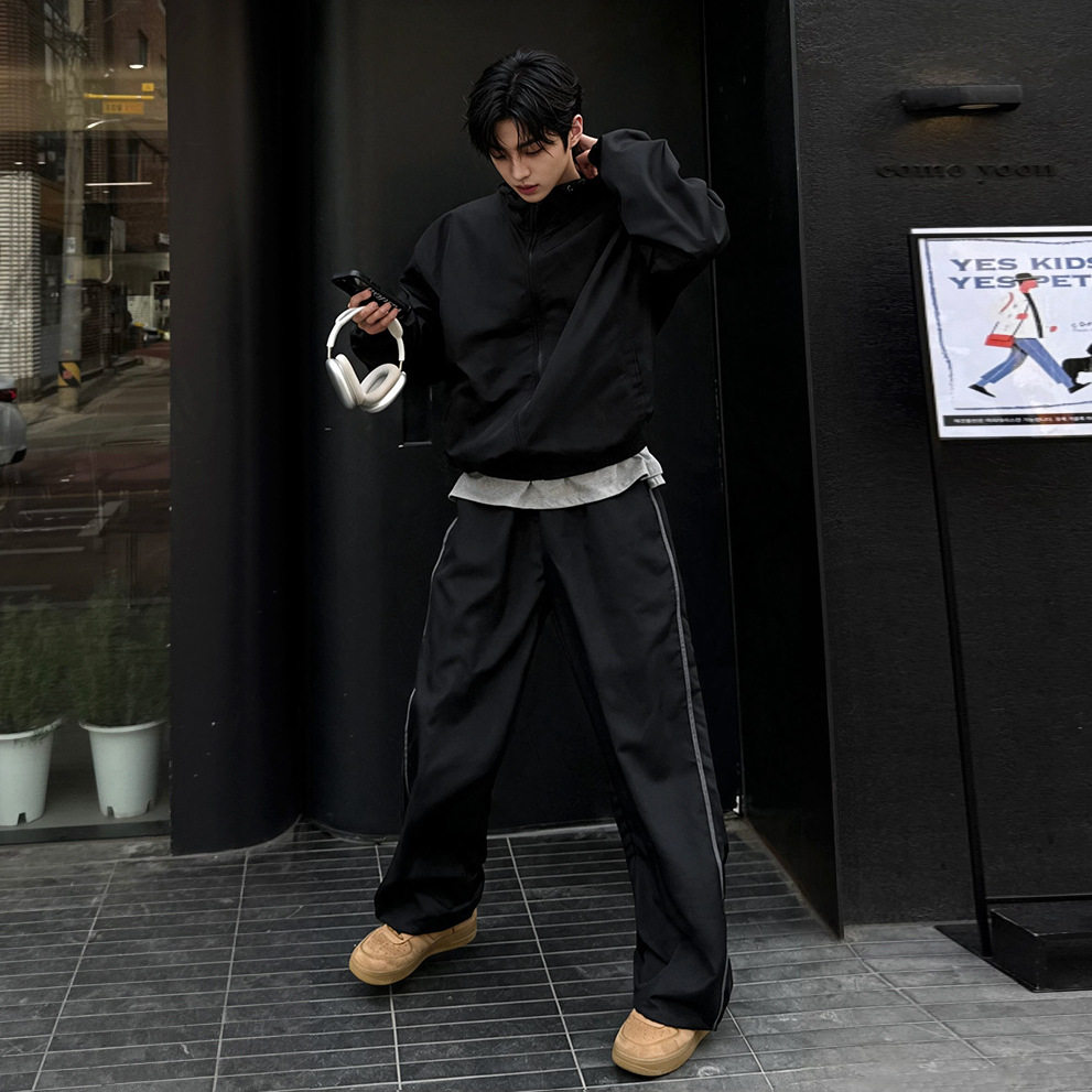 MYQ连帽冲锋衣外套男士秋季宽松阔腿直筒长裤韩系休闲运动套装