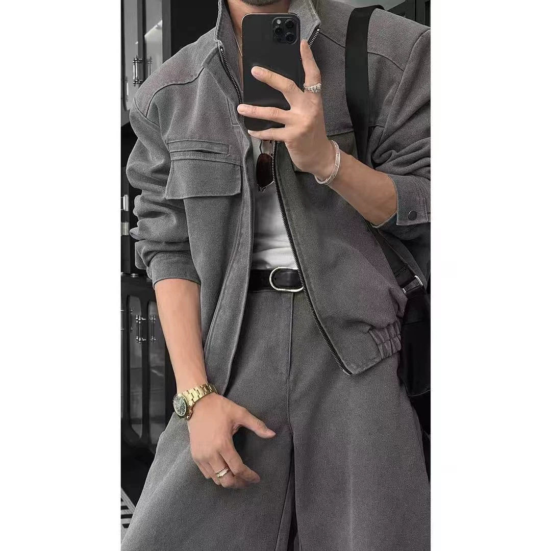 新款春季男士套装时尚百搭休闲显瘦简约纯色轻奢潮牌个性帅气爆款