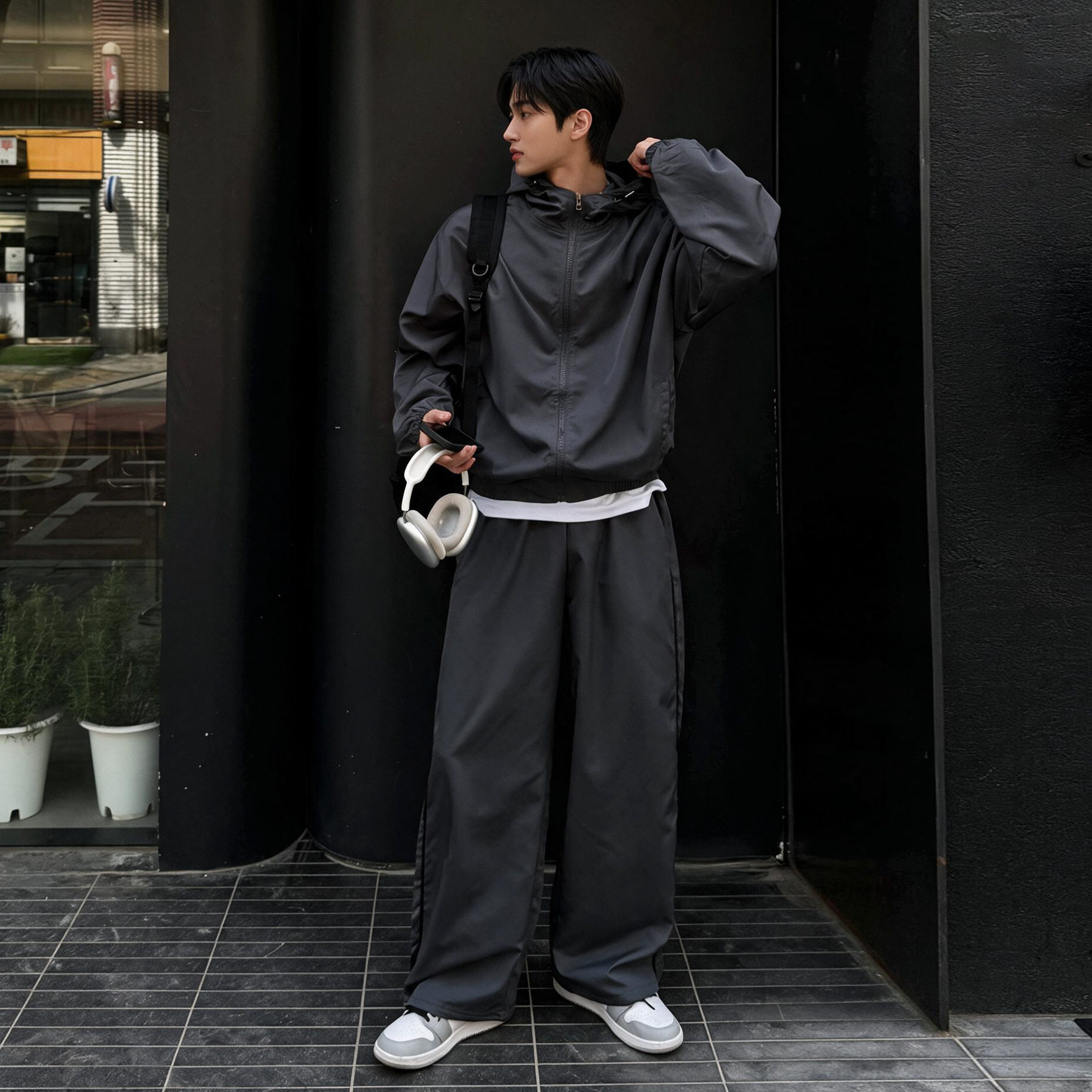 MYQ阔腿直筒长裤男士秋季宽松连帽冲锋衣外套韩系休闲运动套装