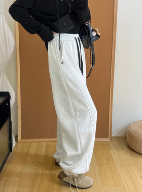 韩版设计感小马刺绣高腰休闲裤冬季奥粒绒加厚阔腿显瘦两穿卫裤女