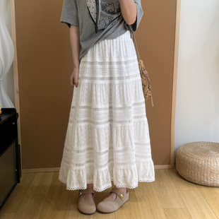 松紧腰大摆遮胯A字小白裙 设计感镂空蕾丝花边半身裙女26春夏新款