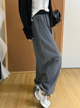 侧拉链口袋灰色加绒卫裤女秋冬加厚宽松显瘦阔腿抽绳束脚运动裤子