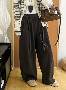 松紧腰绑带毛呢加厚阔腿裤女冬季宽松显瘦简约松弛感加绒休闲长裤