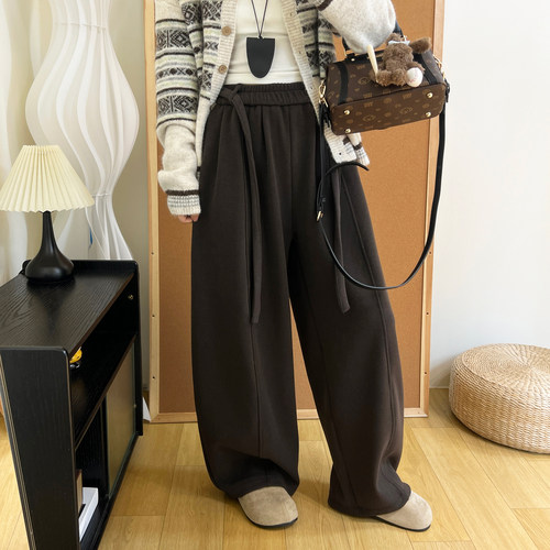 松紧腰绑带毛呢加厚阔腿裤女冬季宽松显瘦简约松弛感加绒休闲长裤