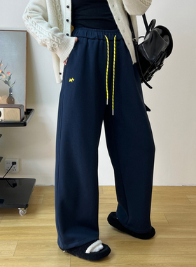 撞色抽绳直筒裤子女秋冬季新款小狗刺绣休闲百搭阔腿束脚两穿卫裤