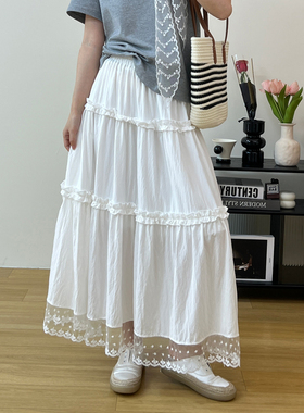 白色半身裙女2025夏季新款冰冰棉飘逸垂感蕾丝拼接A字大摆中长裙