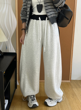 慵懒风休闲加绒加厚两穿卫裤女冬季高腰抽绳撞色垂坠感拖地弯刀裤