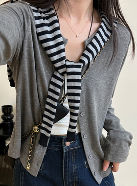 秋季薄外套女2025韩版学院风减龄条纹披肩两件套长袖开衫灰色上衣