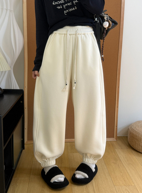 简约百搭加厚保暖奥粒绒卫裤女冬季抽绳松紧腰遮肉显瘦束口哈伦裤