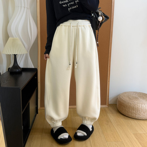 简约百搭加厚保暖奥粒绒卫裤女冬季抽绳松紧腰遮肉显瘦束口哈伦裤