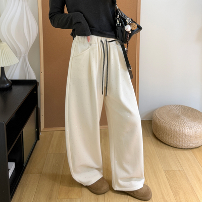 韩系慵懒烫钻细闪软糯休闲裤女冬季加绒加厚宽松阔腿垂感糯米裤子