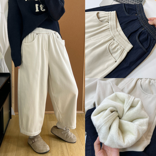 松紧腰宽松阔腿加厚萝卜休闲裤 百搭纯色加绒保暖八分哈伦裤 女冬季